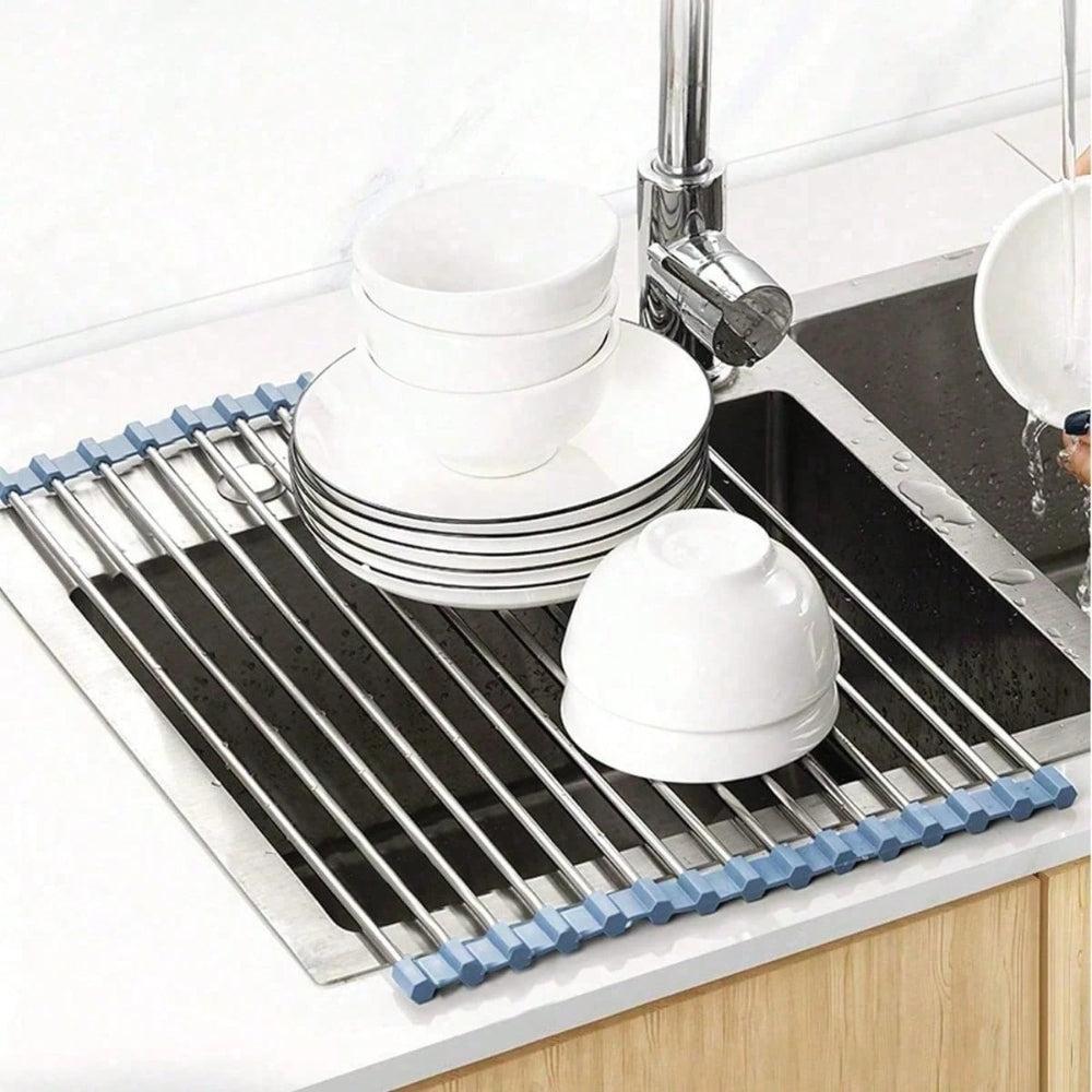 Dish Drying Rack, Roll Up Sink Drying Rack, Foldable Multi-Use Silicone Coated Stainless Steel Dish Drainers, Heat Resistant Mat, Drying/Draining/Trivet Grey