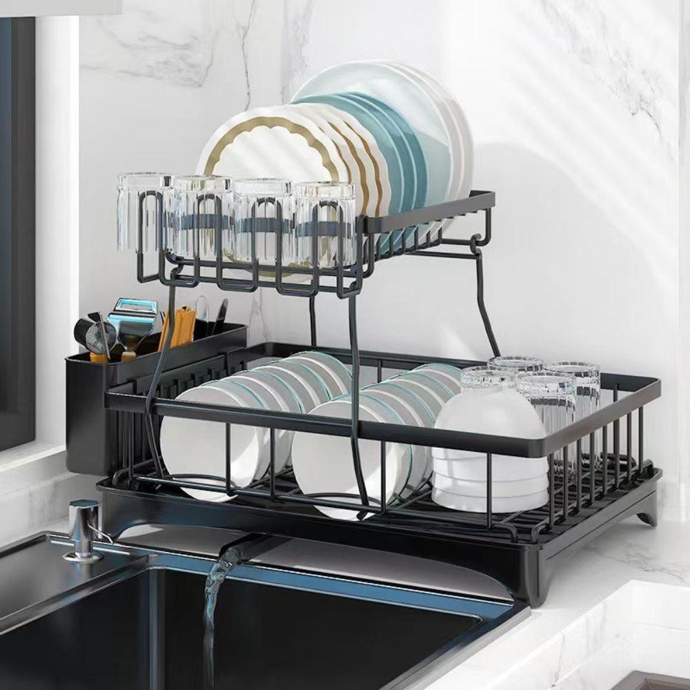 Dish Racks with Drain Board Space Saving Drying Rack kitchen Plate Drainer Rack with a Cutlery Holder (Black)
