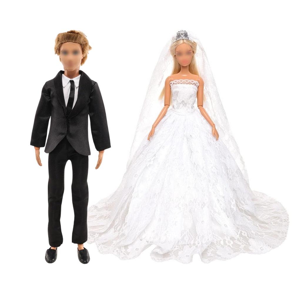 Doll Wedding Set 1 White Bride Wedding With Veil For 11.5 Inch Girl Doll 1 Black Groom Suit Clothes For 12 Inch Boy Doll 2 Pairs Of Shoes For Dolls