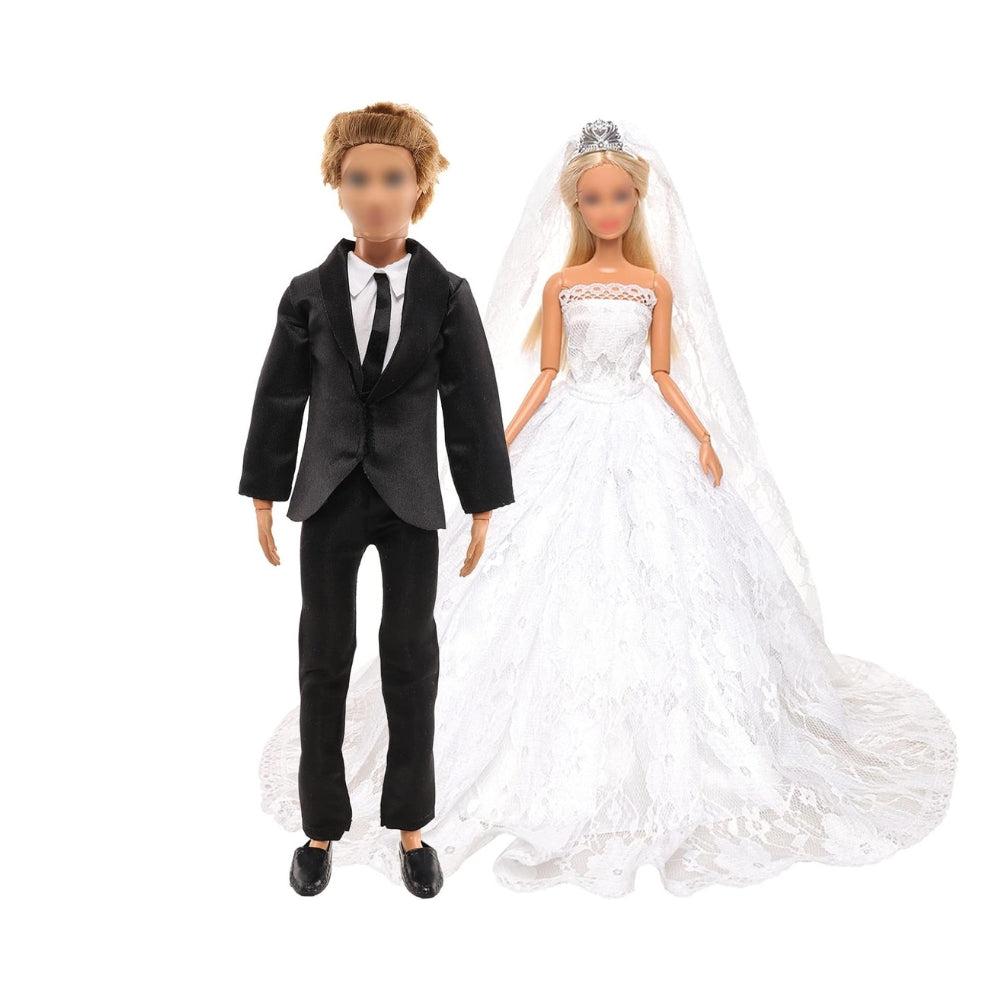 Doll Wedding Set 1 White Bride Wedding With Veil For 11.5 Inch Girl Doll 1 Black Groom Suit Clothes For 12 Inch Boy Doll 2 Pairs Of Shoes For Dolls