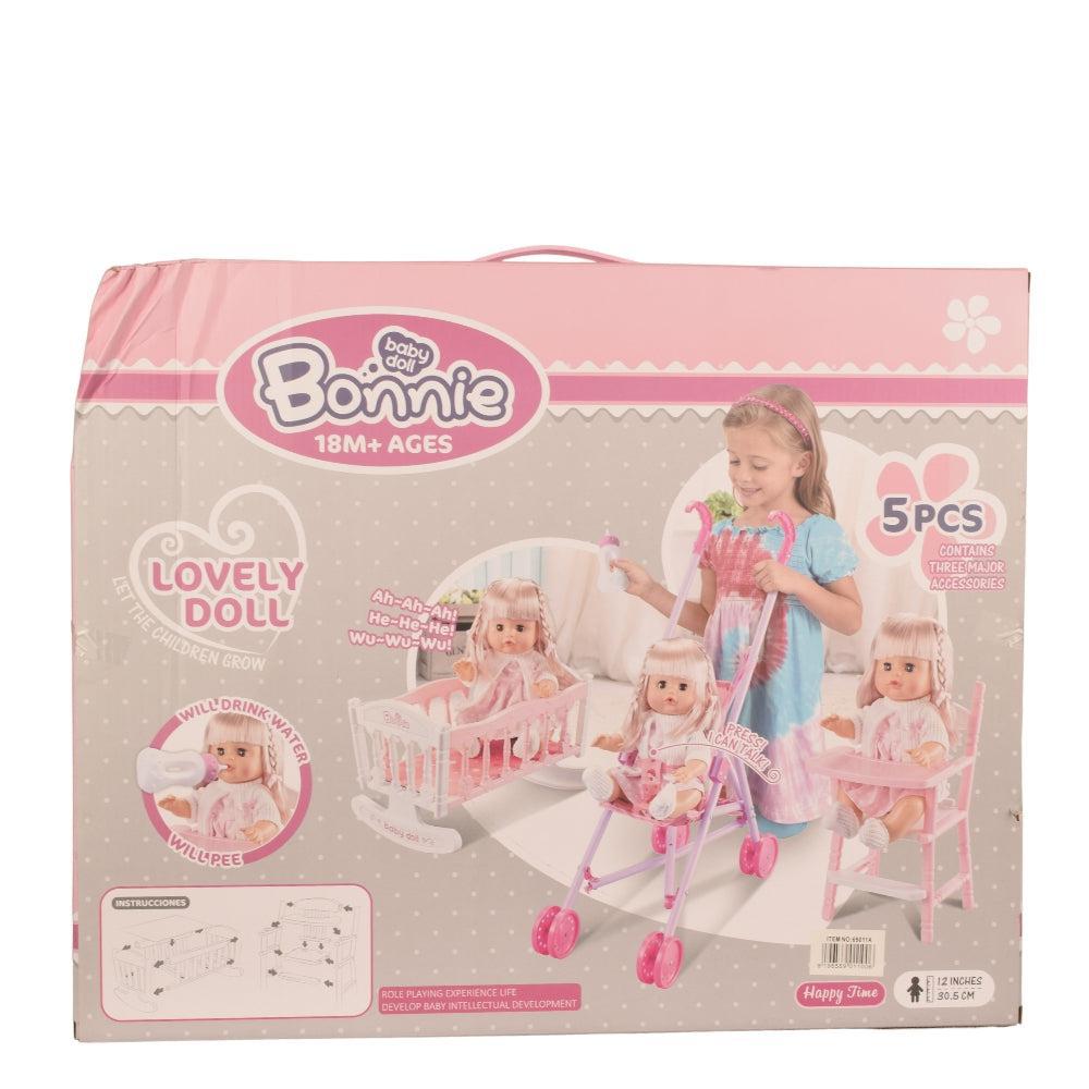 Doll with stroller, bed and chair