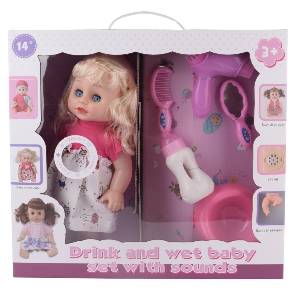 Drink and Wet Baby Doll Set with Sounds – Hair Styling Edition