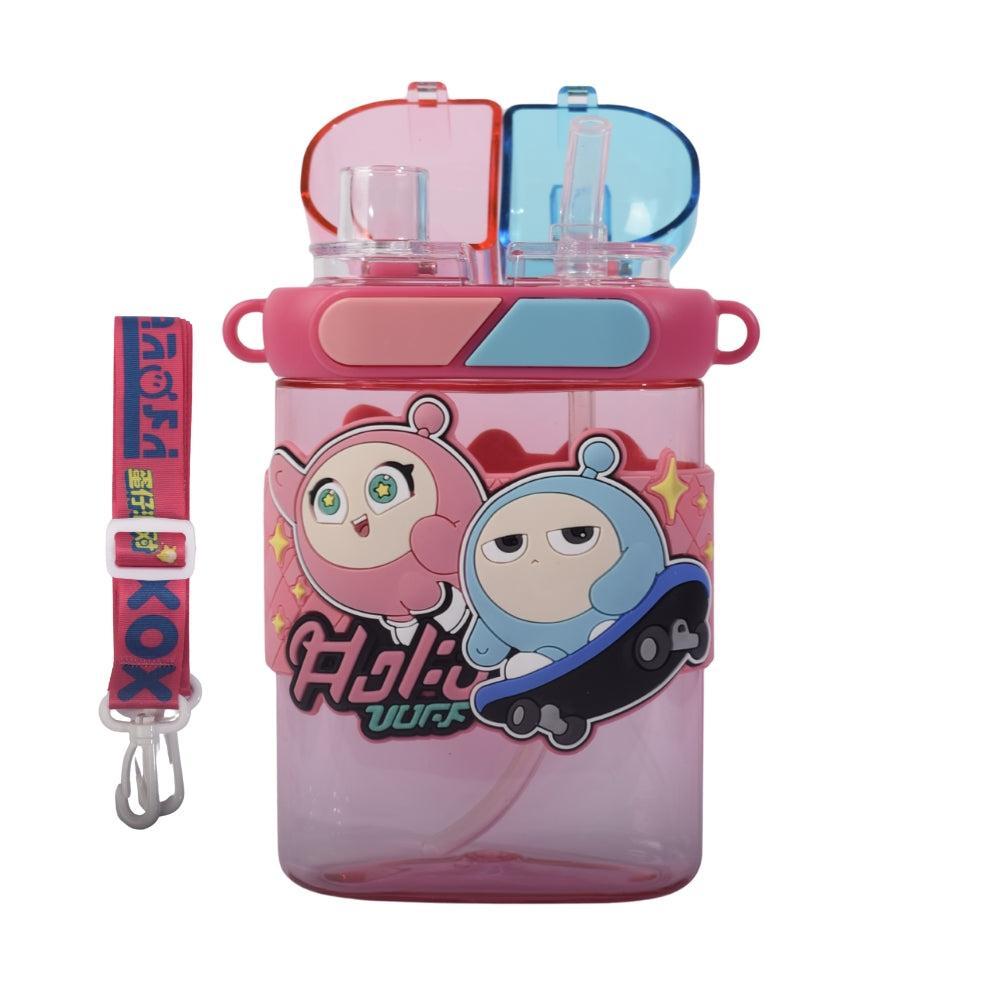 Dual-Compartment Kids Water Bottle with Cartoon Characters and Strap