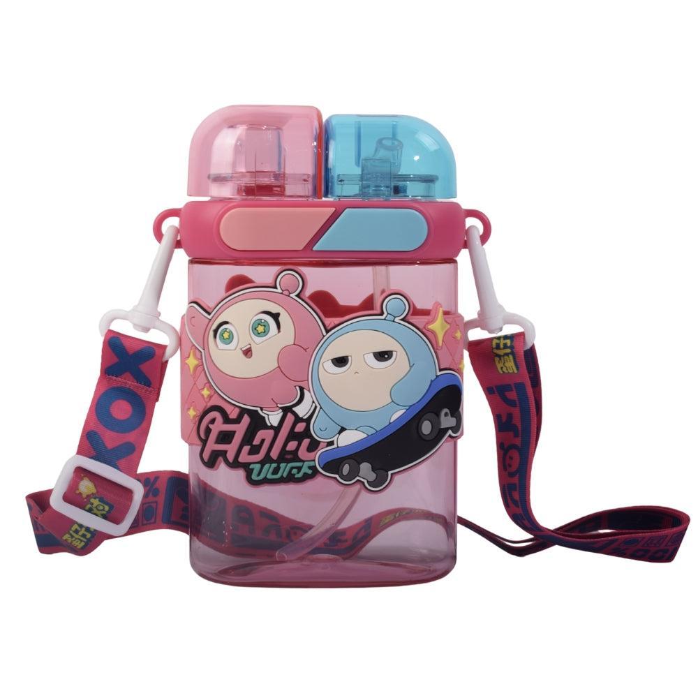 Dual-Compartment Kids Water Bottle with Cartoon Characters and Strap