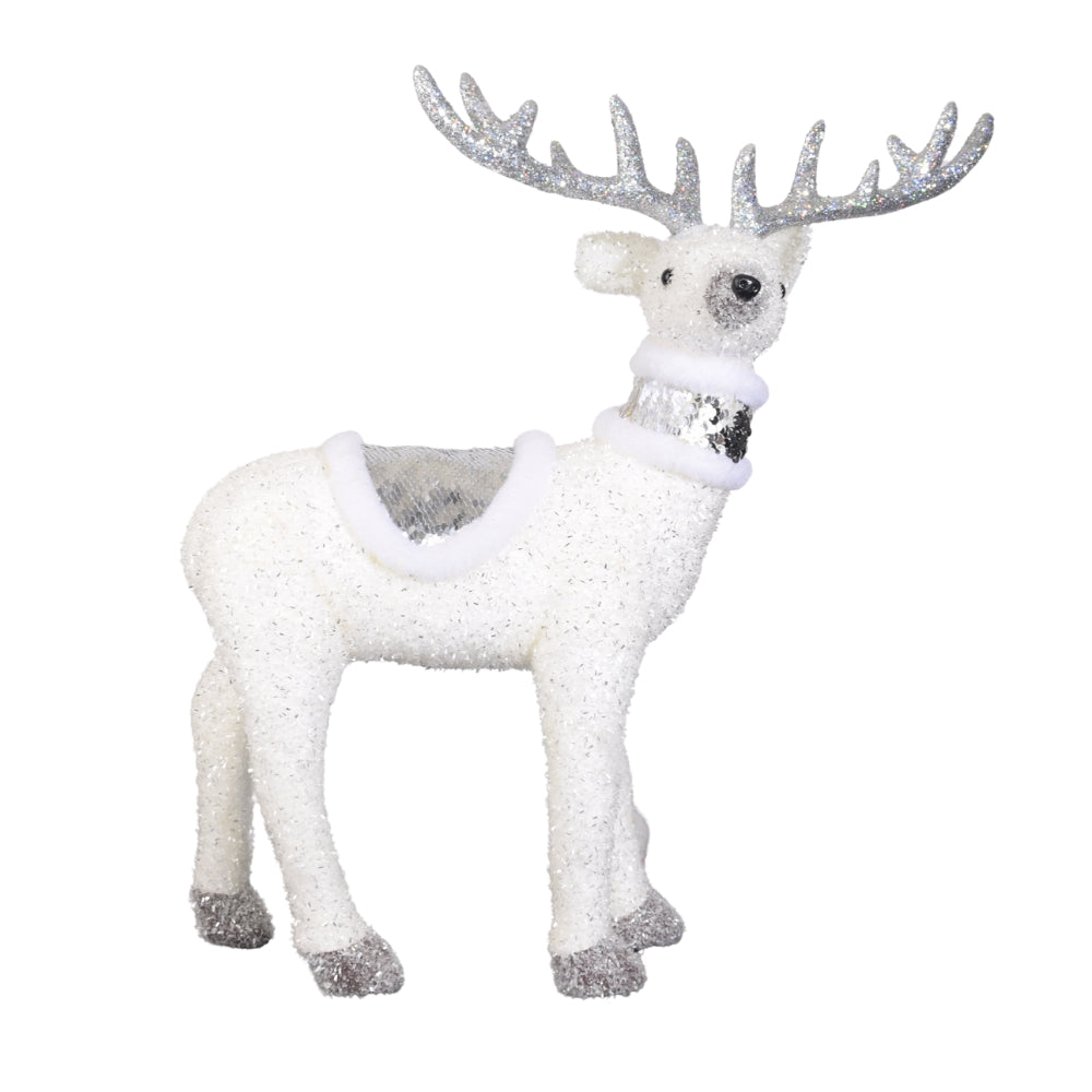 Elegant White Reindeer Figurine – Glitter Christmas Decoration