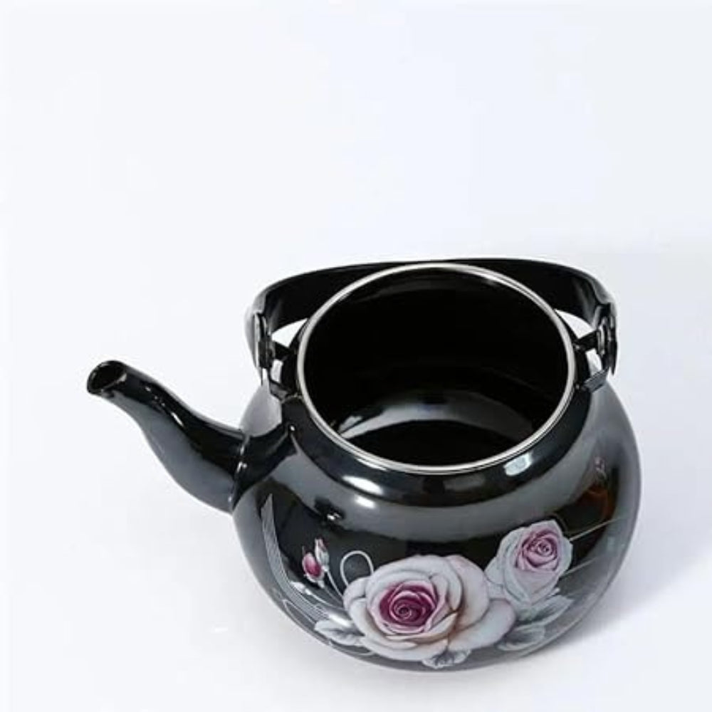 Enameled Aluminum Teapot Kettle Decorated Black Floral 2L