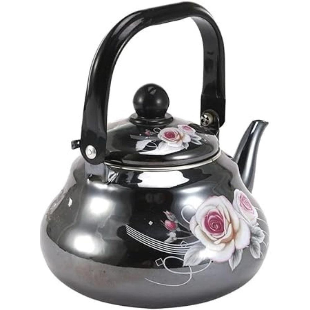 Enameled Aluminum Teapot Kettle Decorated Black Floral 2L