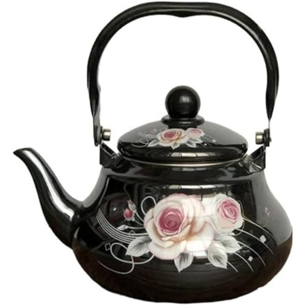 Enameled Aluminum Teapot Kettle Decorated Black Floral 2L