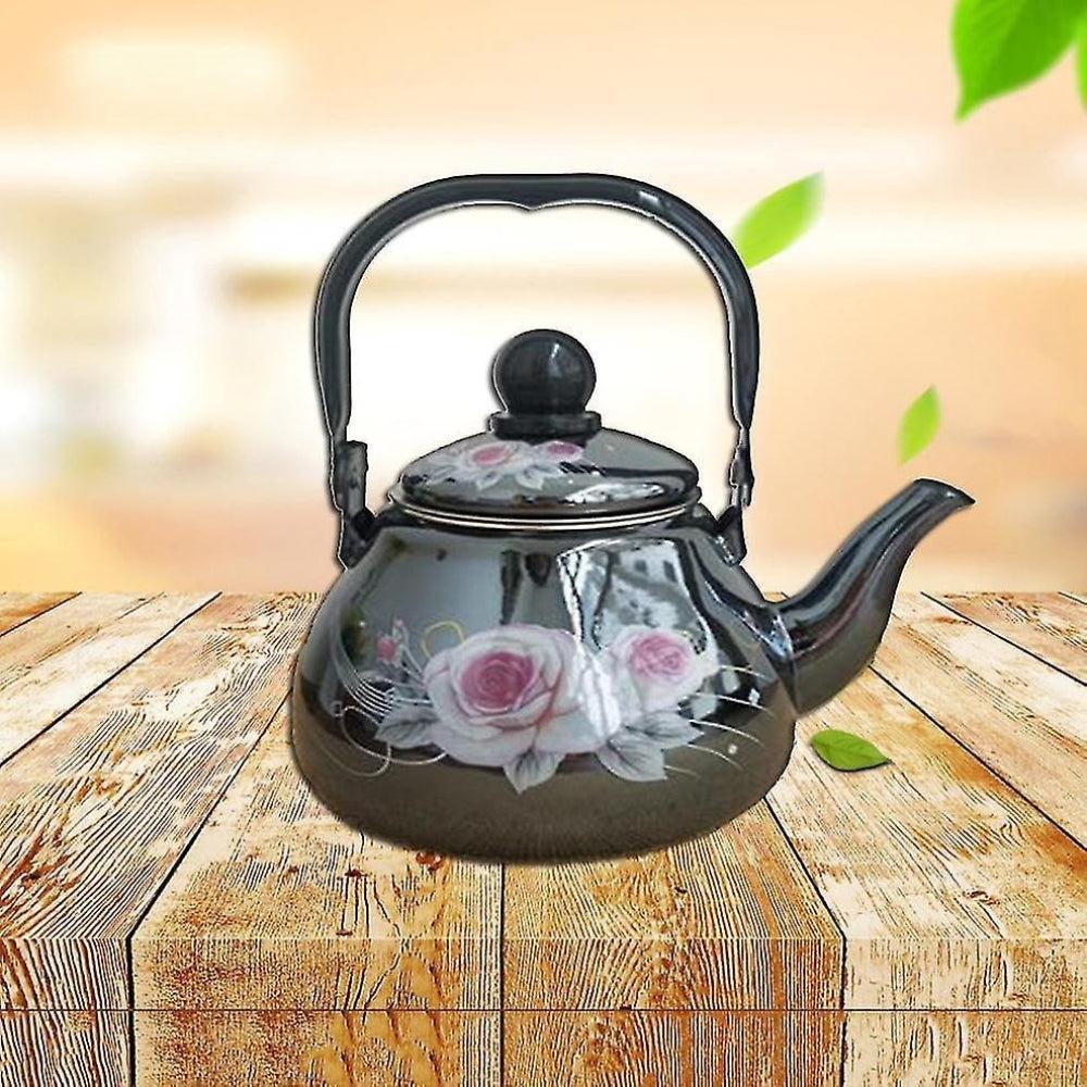 Enameled Aluminum Teapot Kettle Decorated Black Floral 2L