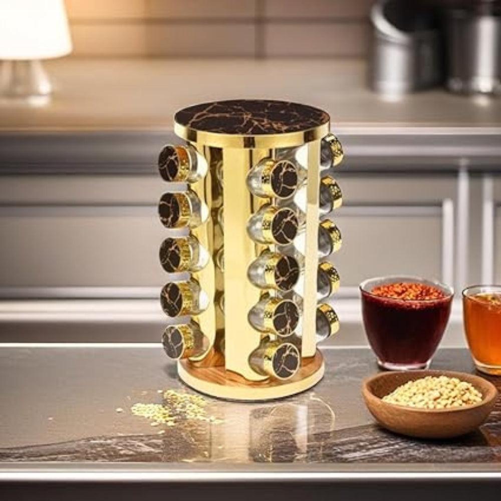 Fermost Spice Carousel, Spice Rack, Rotatable 360º 20 Tin, Gold, Rotating Stainless Steel, Spice Organiser, Spice Rack, Standing, Spice Jars