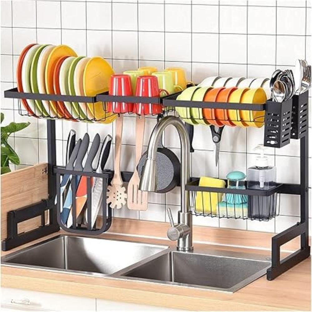 Floating partition Dish Drainer Over Sink Dish Drying Rack Large Capacity Sink Organize Stand Shelf 2-Tier Dish Rack with Utensil Holder Hooks Kitchen Countertop Supplies Storage for Plate Bowls Pots