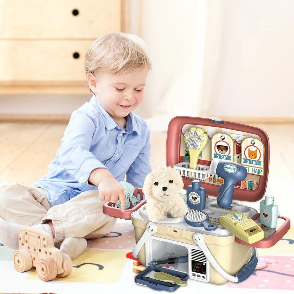 Fridja Pet Care Play Set Dog Grooming Kit with Backpack Doctor Set Vet Kit Educational Toy Pretend Play for Toddlers Kids Children