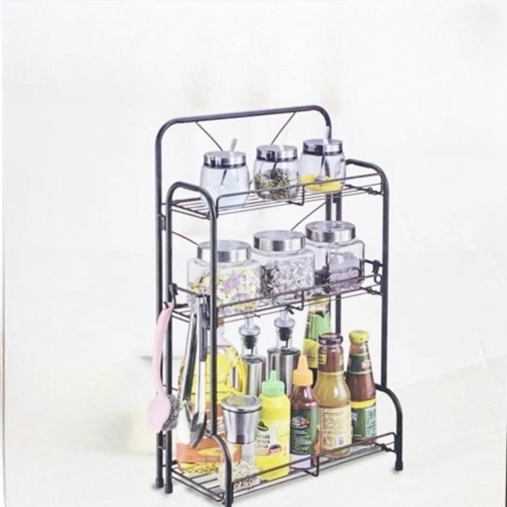 General Use Spice Rack Organizer, Kitchen Shelf Organizer For Spice Sauce Jars Bottle With 3 Hooks Multipurpose Kitchen Counter Storage Rack 3 Tiers