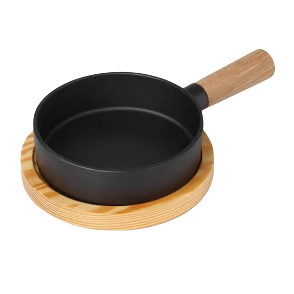 Generic Cast Iron Grill Pan with Wooden Handle, 20 cm Round, Wood Base