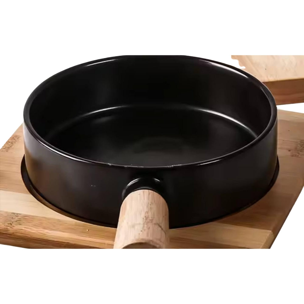 Generic Cast Iron Grill Pan with Wooden Handle, 20 cm Round, Wood Base