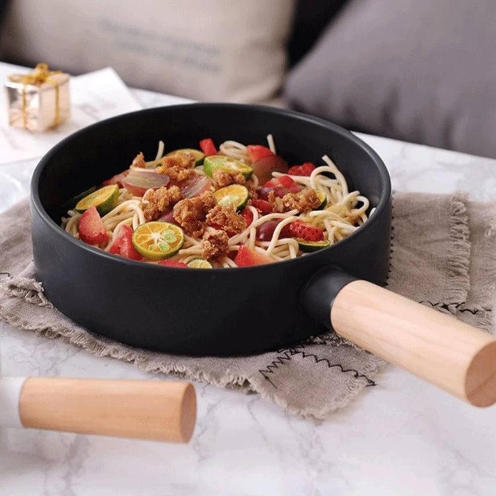 Generic Cast Iron Grill Pan with Wooden Handle, 20 cm Round, Wood Base