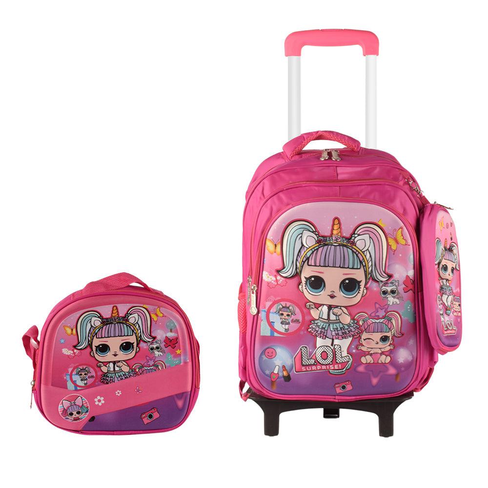 Girly 3PCS Detachable Rolling Backpack for Girls With Lunch Bag Pencil Case 2Wheels Roll