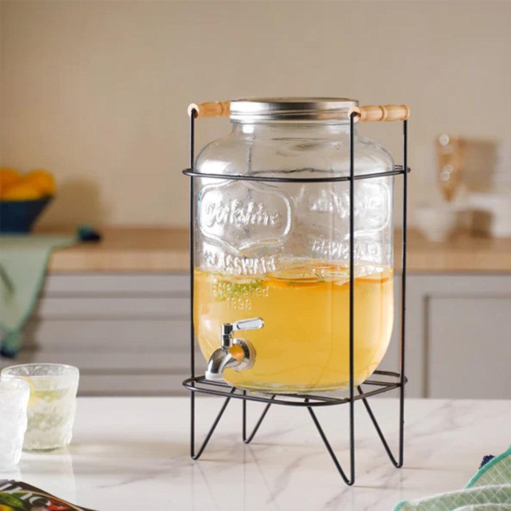 Glass Beverage Dispenser With Spigot And Metal Stand 4L
