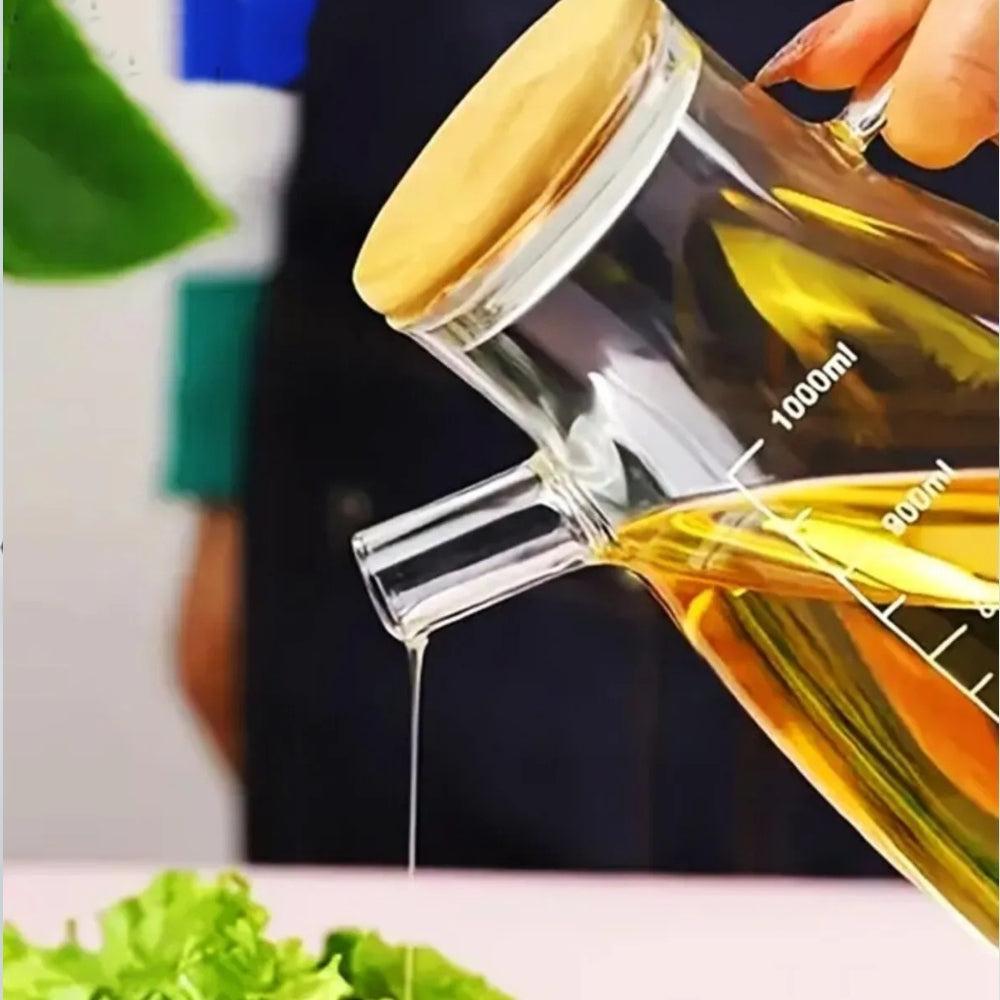 Glass Oil Can Bamboo Lid Glass Oil Vinegar Bottle 1L