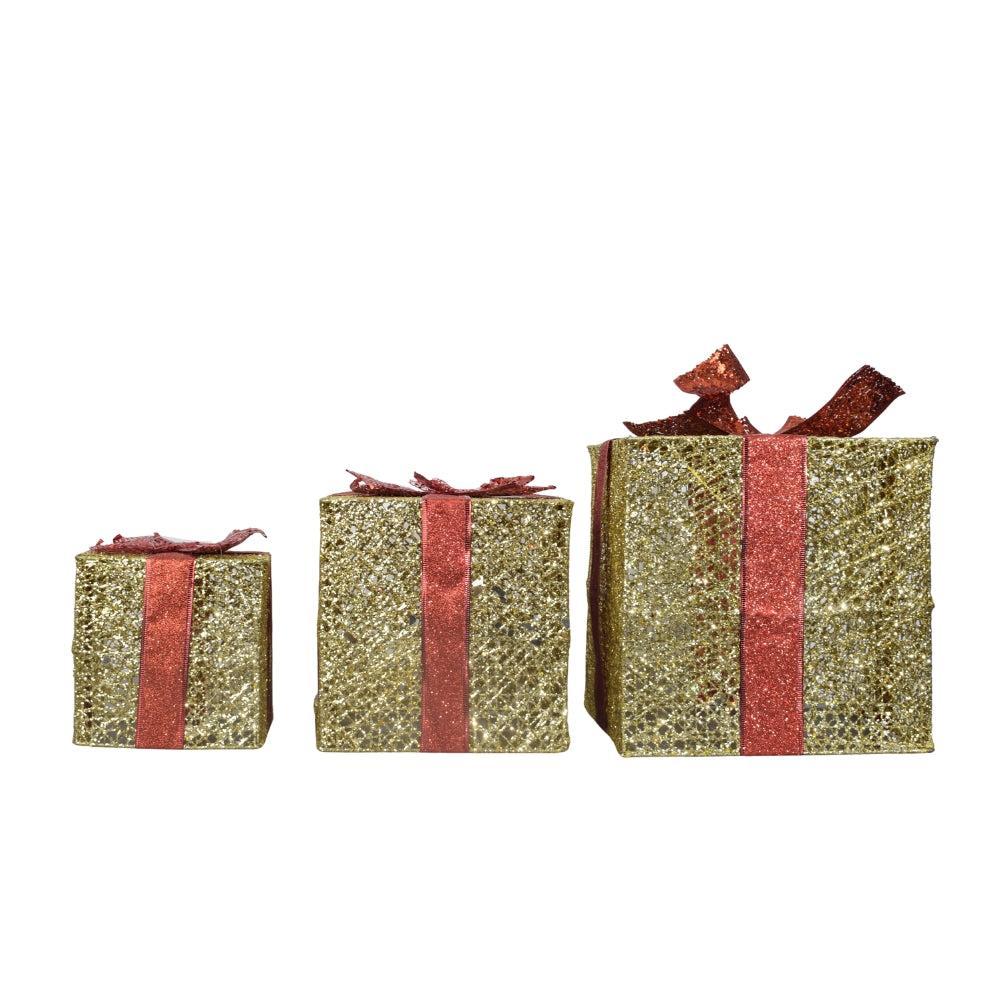 Glittering Gold Gift Boxes with Red Ribbons (Set of 3)