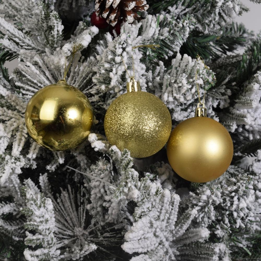 Golden Christmas Baubles on a Snow-Flocked Tree 12PCS