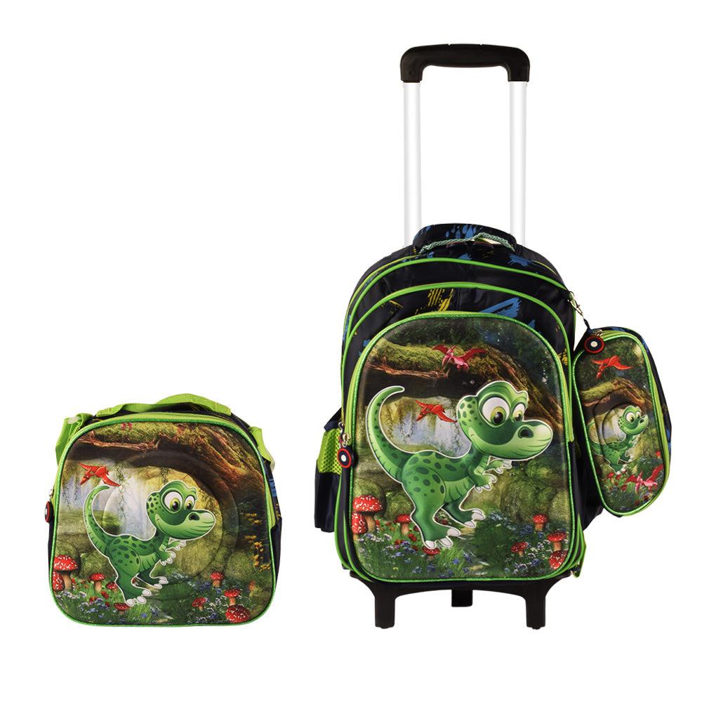 Green Dinosaur 3PCS Detachable Rolling Backpack for Boys With Lunch Bag Pencil Case 2Wheels Roll