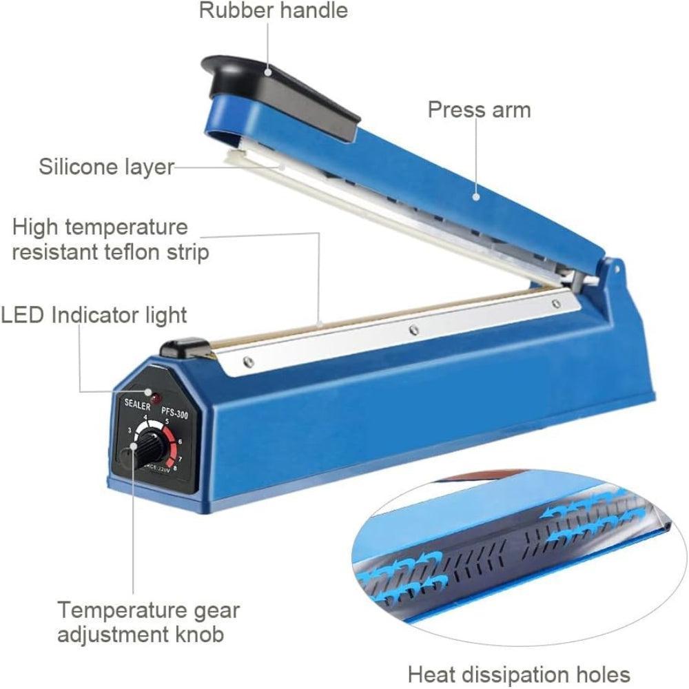 Heat Sealer Impulse Sealing Machine, Plastic Bag Sealer with 2 Spare Heating Wires and Teflon Strips, 300mm Seal Length 2mm Seal Width