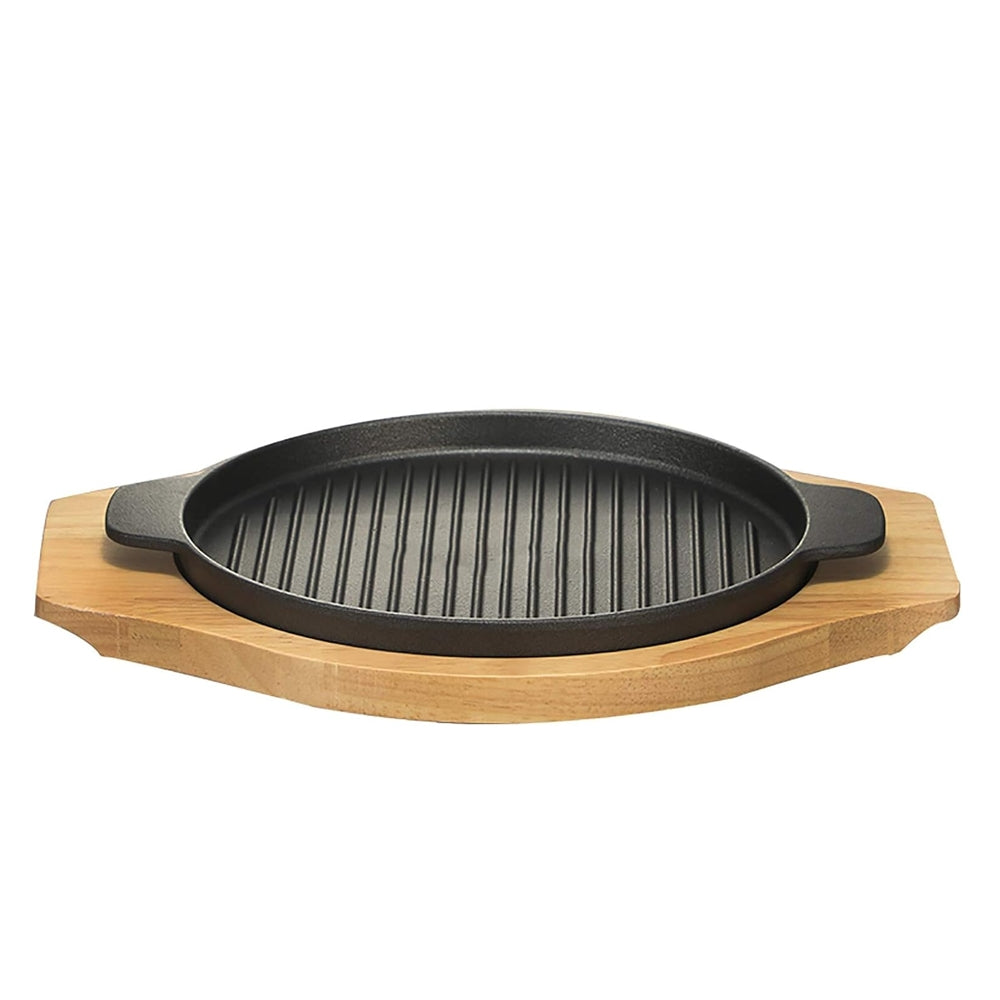 Heavy Round Shape Cast Iron Steak Plate Bizzle Gridldle with Wooden Base, Sizzle Plate Cast Iron For Restaurant Home Kitchen Cooking Pan