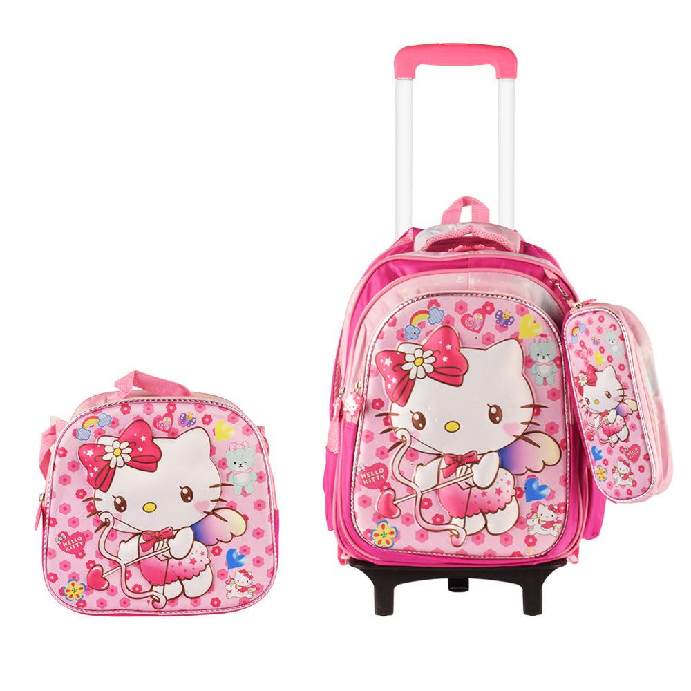 Hello Kitty 3PCS Detachable Rolling Backpack for Girls With Lunch Bag Pencil Case 2Wheels Roll