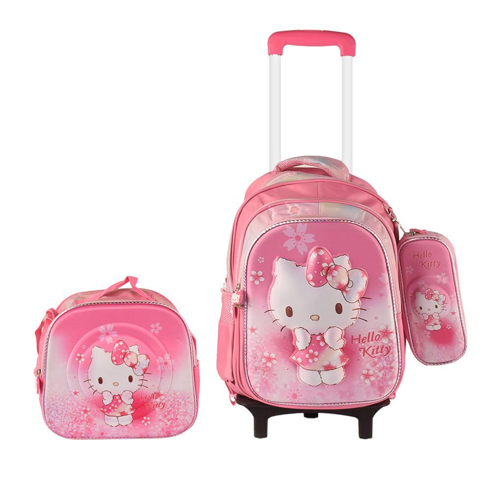 Hello Kitty 3PCS Detachable Rolling Backpack for Girls With Lunch Bag Pencil Case 2Wheels Roll