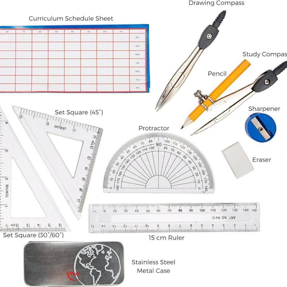 High Quality 11-Pieces Compass & Geometry Kit Math Set for Students with Stainless Steel Carrying Case