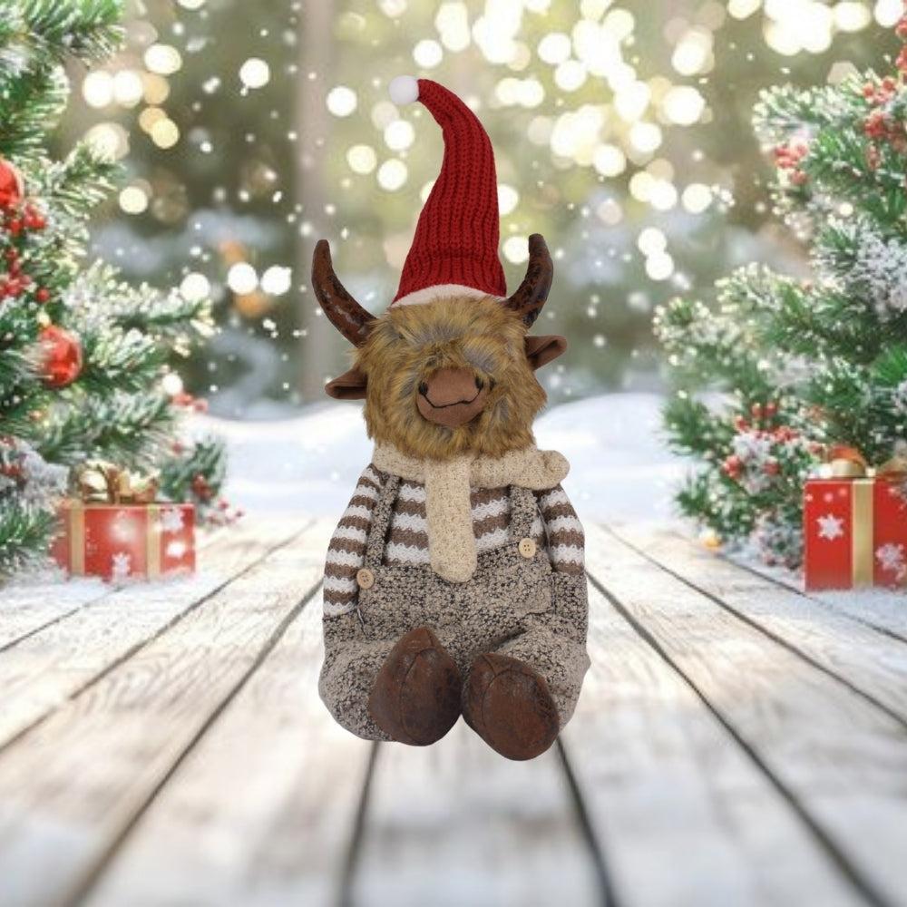 Highland Cow Christmas Plush Sitting With Santa Hat Red White Stripe Jumper 50Cm