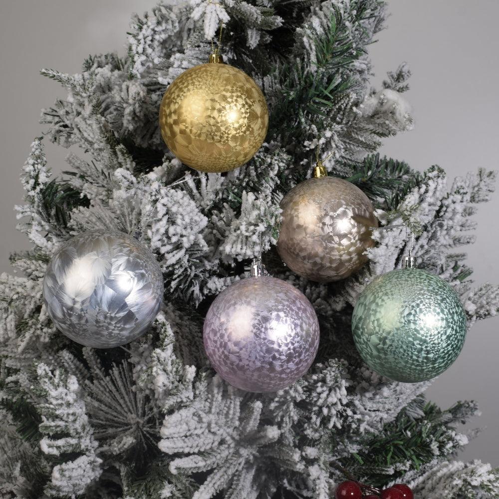 Iridescent Textured Ornaments on a Snowy Christmas Tree 5PCS