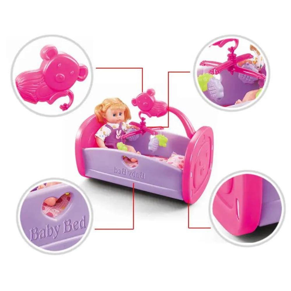 JK Toys Preschool Kid Baby Bed Toys Set Baby Cradle With Musical Doll