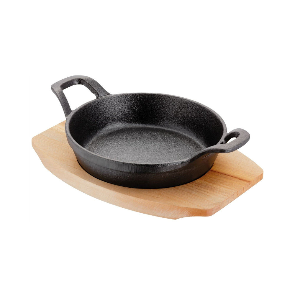 Japanese Teppanyaki Grill Plateau, Sizzle Platter Cast Iron, Oval, with Light Wood Underwear & Handle