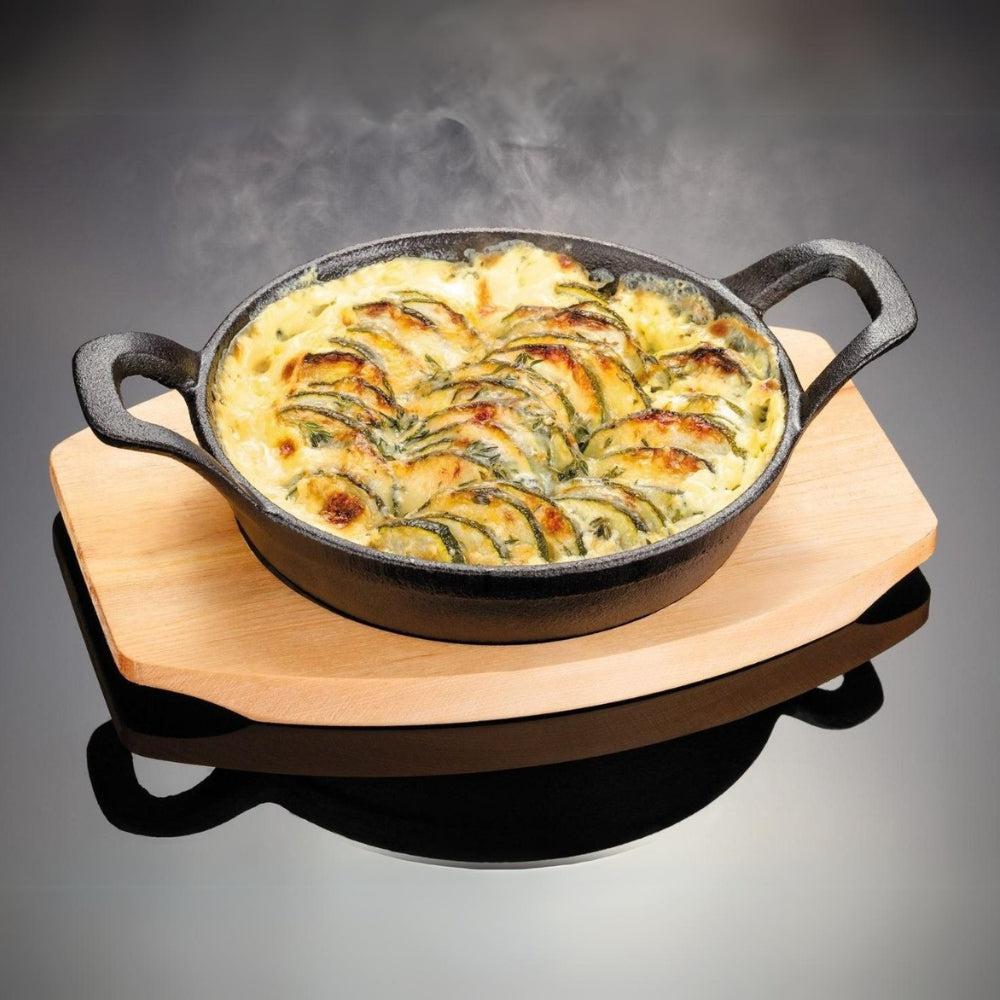 Japanese Teppanyaki Grill Plateau, Sizzle Platter Cast Iron, Oval, with Light Wood Underwear & Handle