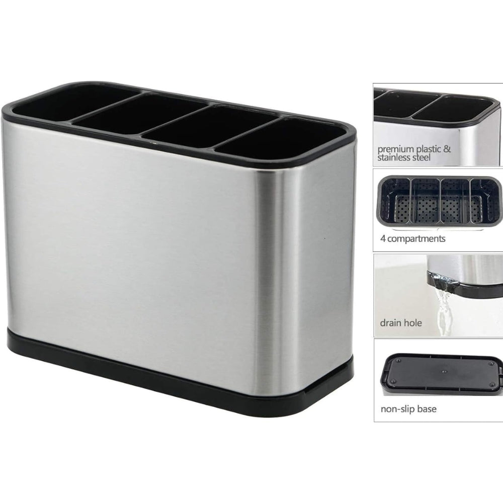 Kitchen Utensil Holder, Stainless Steel Cutlery Drying Rack, Fork and Spoon Strainer, Countertop Organizer Caddy with 4 Divided Compartments, Rustproof, Stainless Steel, Silver and Black