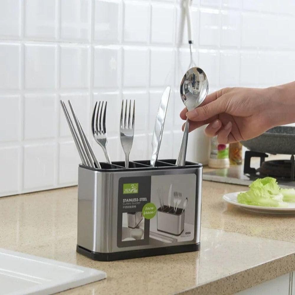Kitchen Utensil Holder, Stainless Steel Cutlery Drying Rack, Fork and Spoon Strainer, Countertop Organizer Caddy with 4 Divided Compartments, Rustproof, Stainless Steel, Silver and Black