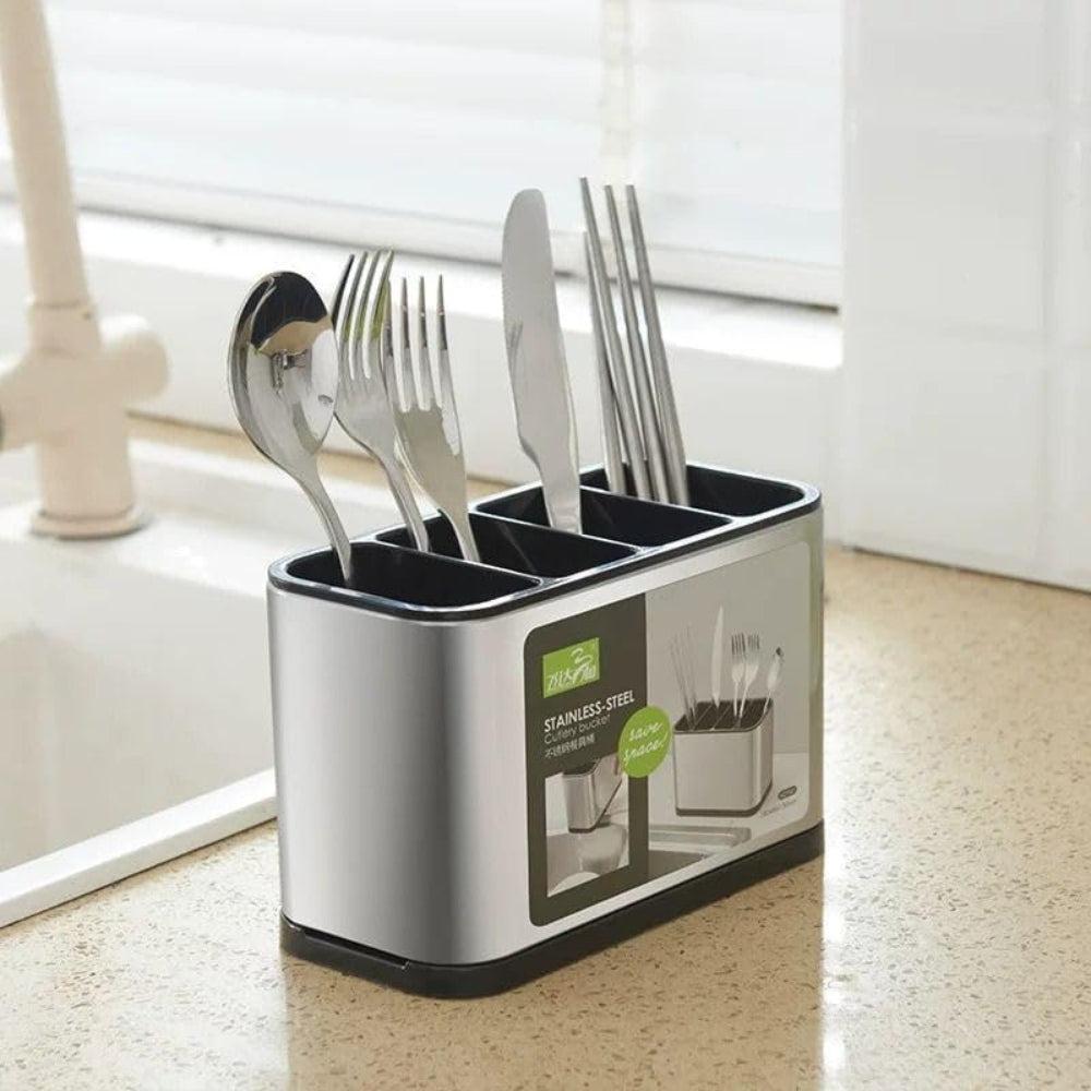 Kitchen Utensil Holder, Stainless Steel Cutlery Drying Rack, Fork and Spoon Strainer, Countertop Organizer Caddy with 4 Divided Compartments, Rustproof, Stainless Steel, Silver and Black