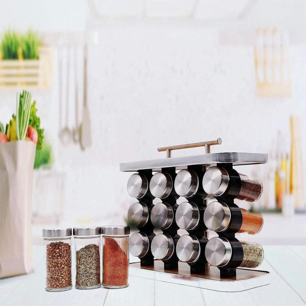 Krishu Rectangular Kitchen Spice Storage Box, Portable Wooden Storage Rack with 12 Empty Glass Round Spice Jars