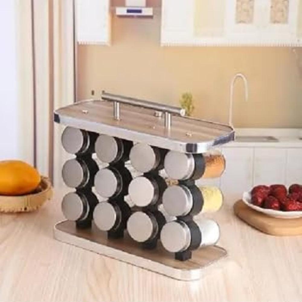 Krishu Rectangular Kitchen Spice Storage Box, Portable Wooden Storage Rack with 12 Empty Glass Round Spice Jars