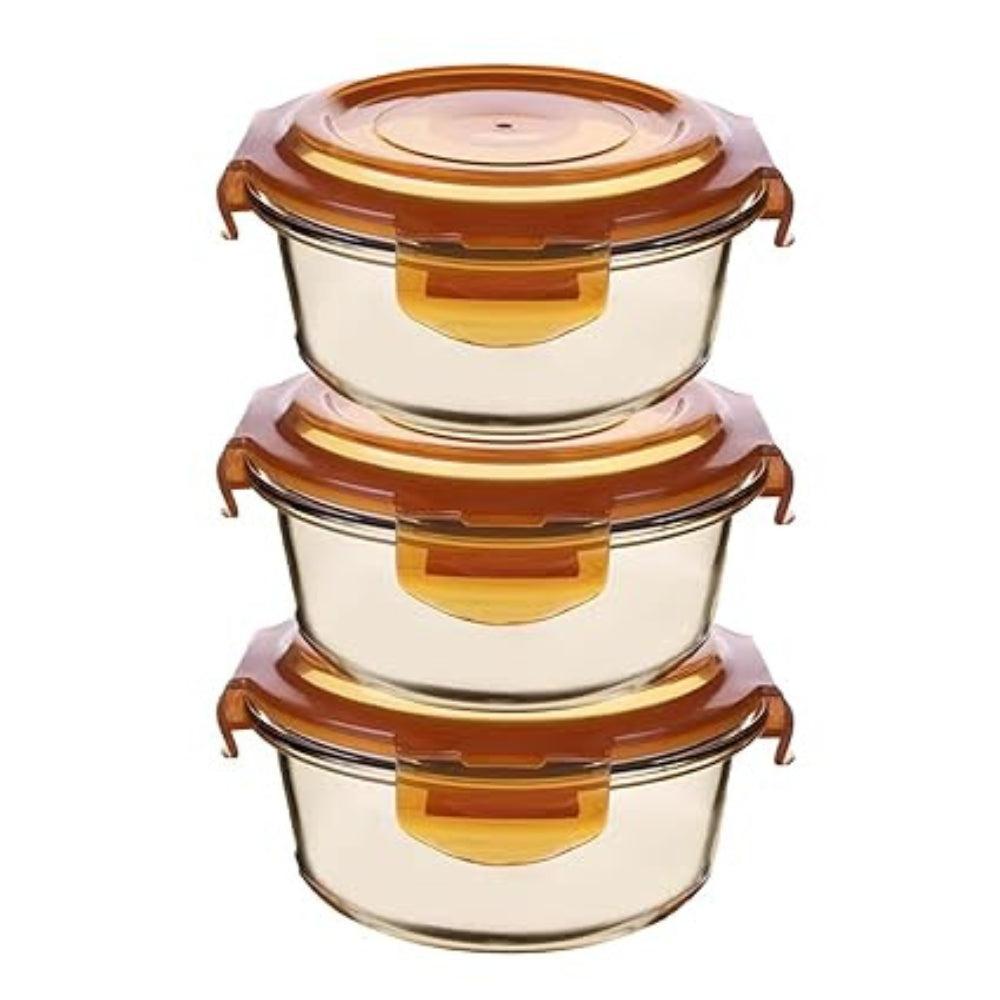 Kuber Industries Borosilicate Glass Container With PP Lid-RoundJDA026-AMBLight Orange580 MLPack Of 3