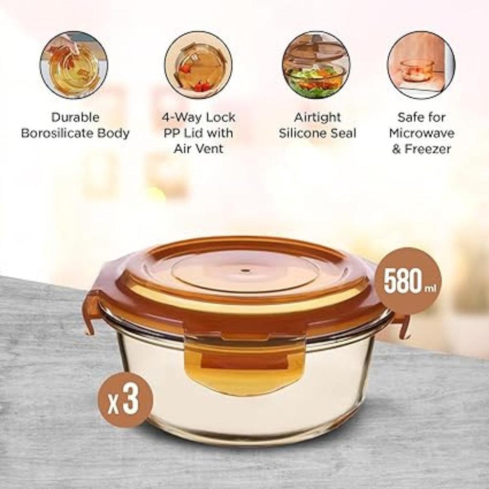 Kuber Industries Borosilicate Glass Container With PP Lid-RoundJDA026-AMBLight Orange580 MLPack Of 3