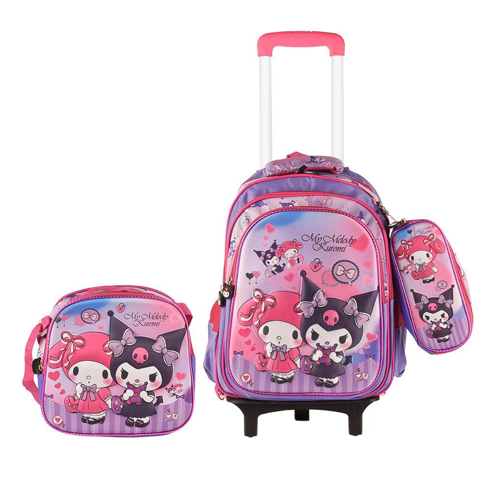 Kuromi 3PCS Detachable Rolling Backpack for Girls With Lunch Bag Pencil Case 2Wheels Roll