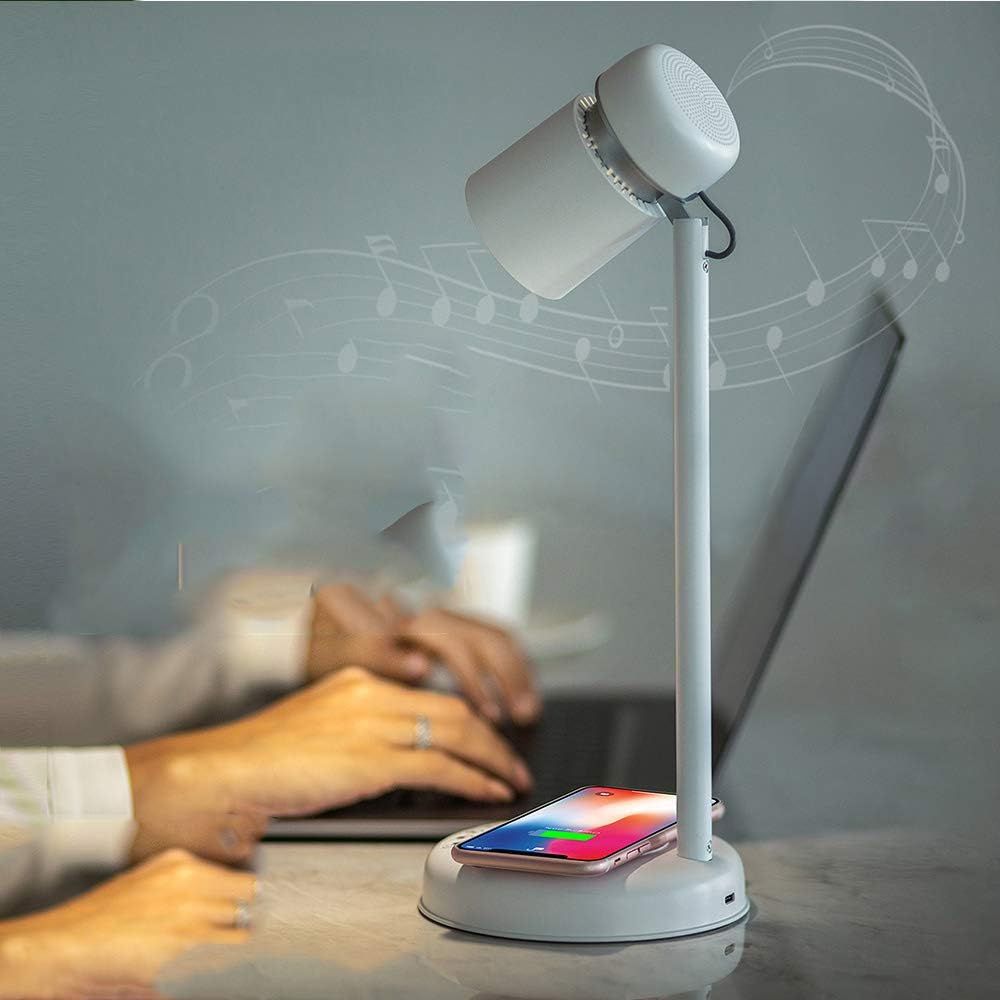 LED Bedside Table Lamp, Multifunctional Table Lamp with Wireless Bluetooth Speaker Dimmable for Bedroom, Closet, Living Room, Kids Room, Dorm, White