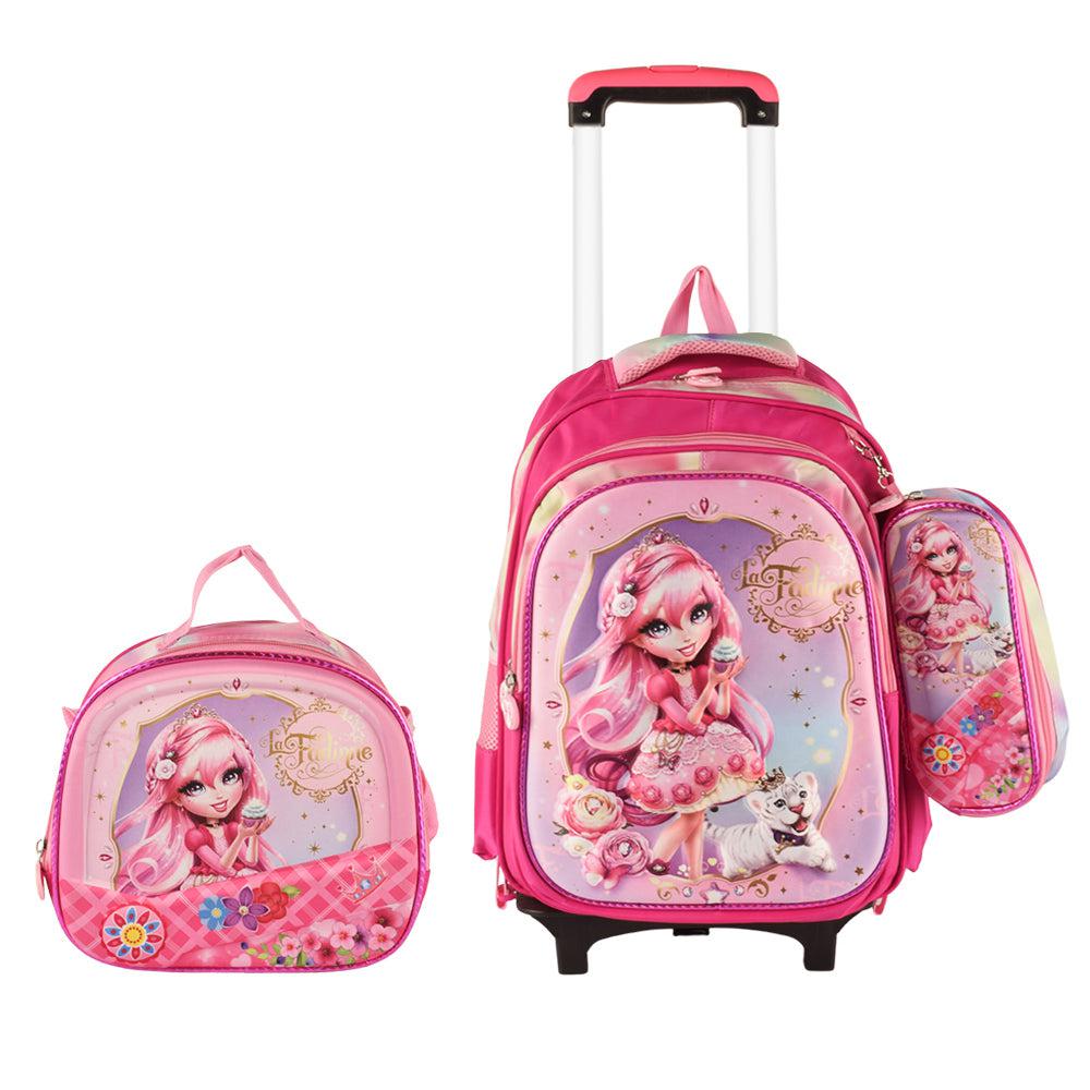La Fadinne 3PCS Detachable Rolling Backpack for Girls With Lunch Bag Pencil Case 2Wheels Roll