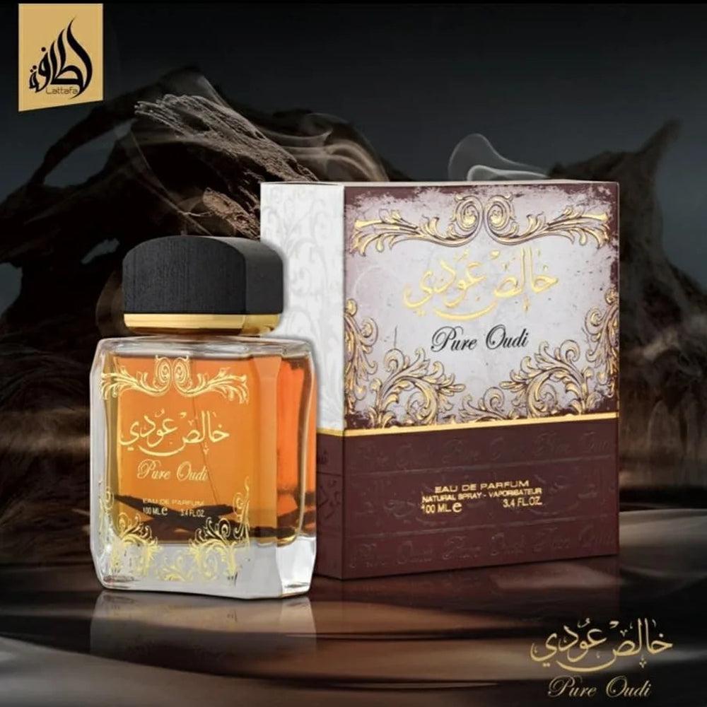 Lattafa Perfumes Pure Oudi (Khalis Oudi) 2 Piece Set For Unisex (3.4 Ounce Eau De Parfum Spray + 1.7 Ounce Perfumed Body Spray)