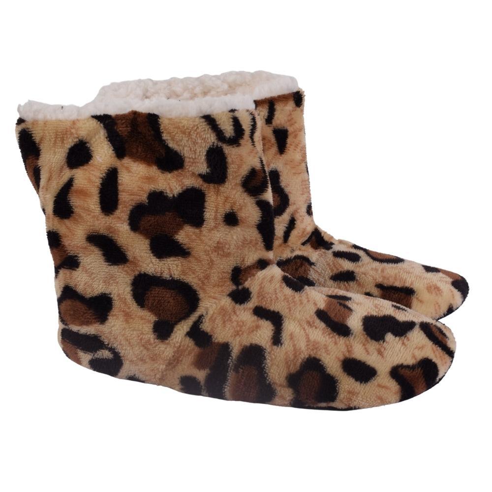 Leopard Print Fleece Slipper Boots with Faux Fur Lining