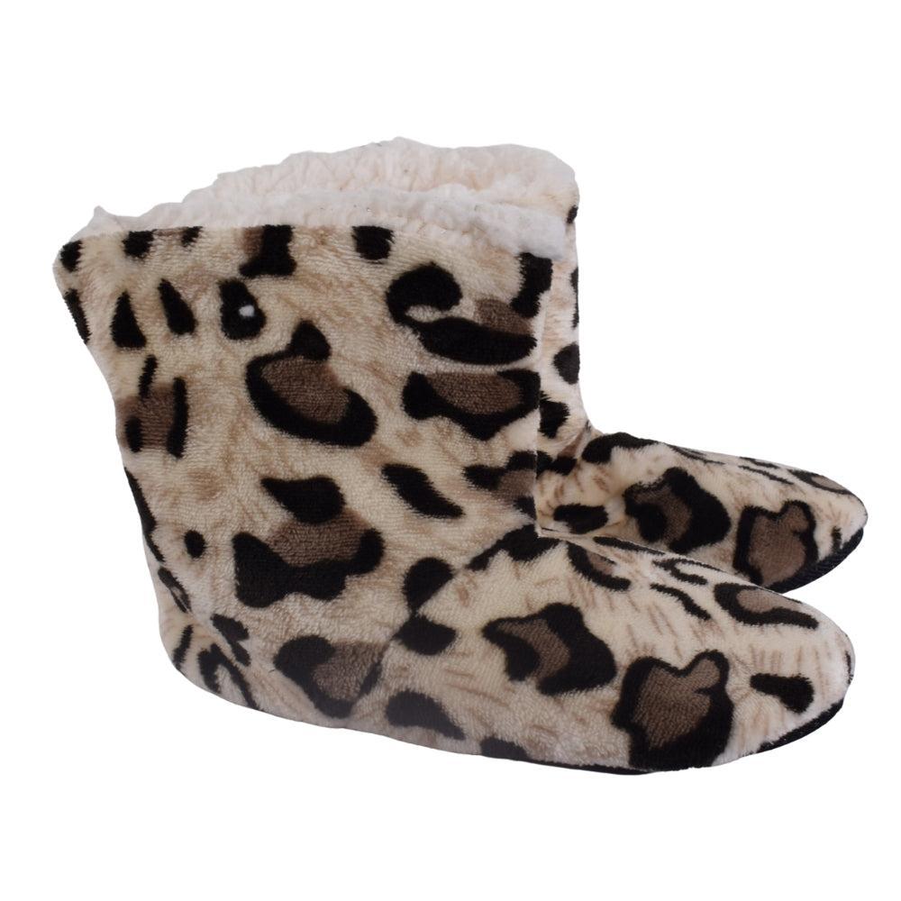 Leopard Print Fleece Slipper Boots with Faux Fur Lining
