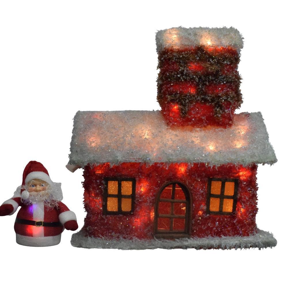 Lighted Christmas House with Santa Figurine